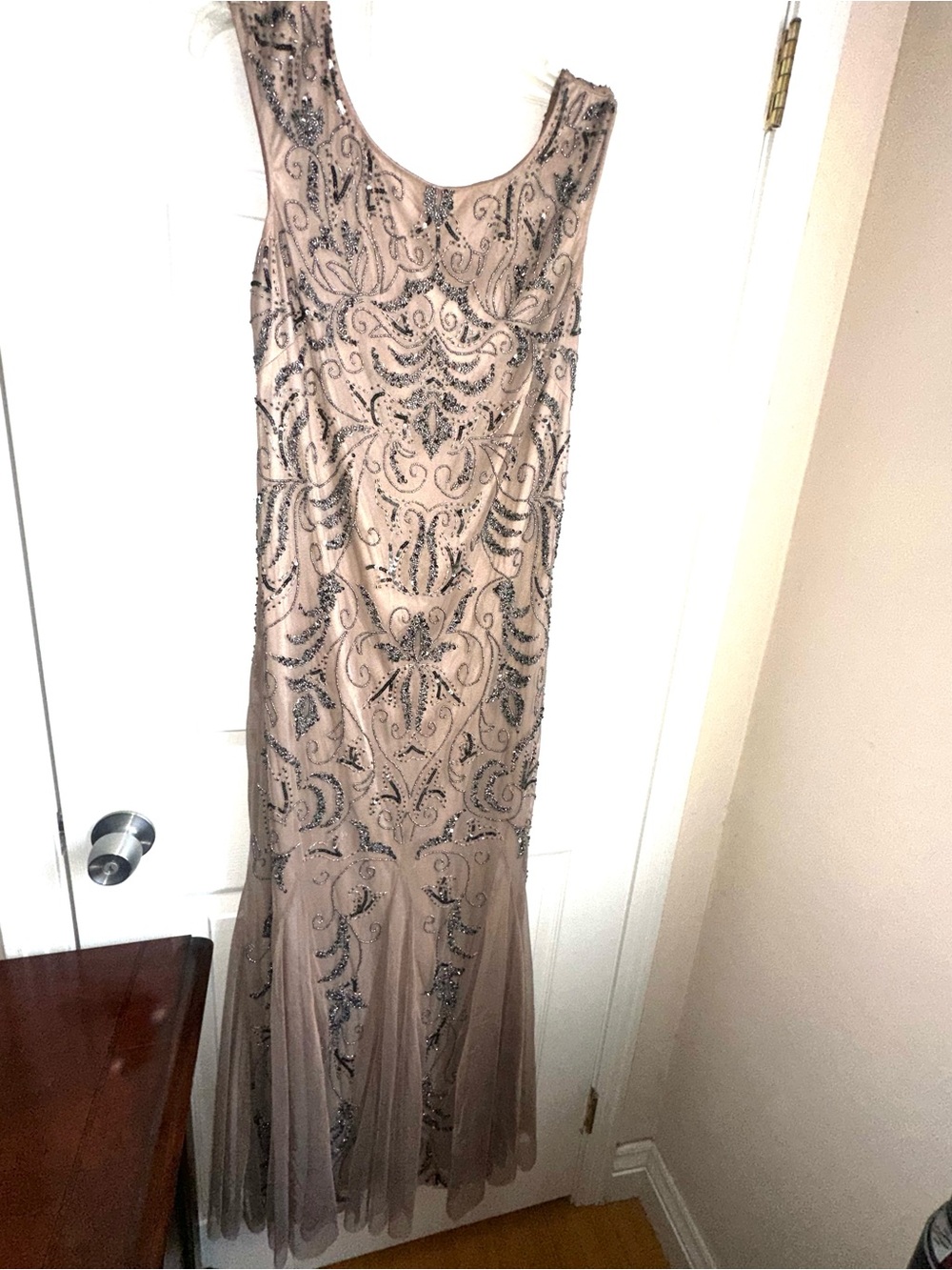 Adrianna Papell Taupe Mesh Maxi Dress with Black Beading